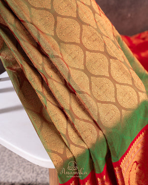 Royal Gadwal Pattu saree in a beautiful olive green and red combination