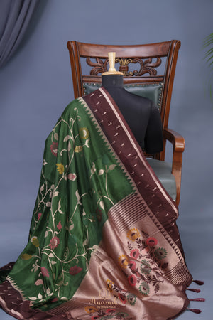 A beautiful floral Tusser Georgette - Bottle Green