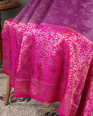 Unique kanjeevaram in lilac with a stunning floral pink border