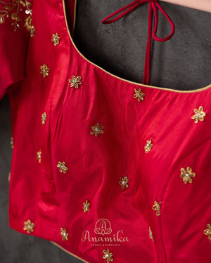 Pure silk blouse in tomato red with patola silk sleeves