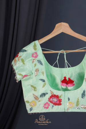 Mint Green Crepe Floral saree with hand worked border