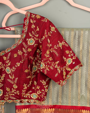 Vibrant Gadwal Kanchi Saree in a unique combo of light grey with maroon red