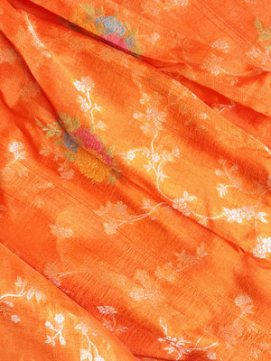 Deep Orange Munga silk saree with contrast off white puff sleeves blouse