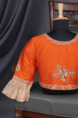 Banarasi brocade tissue saree in champagne with a beautiful light orange border