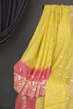 Beautiful chinnon silk saree in yellow and peach shade