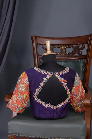 Deep purple bandini saree with a hand painted kalamkari border