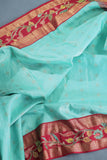 Sky Blue and red kanjeevaram with floral applique border