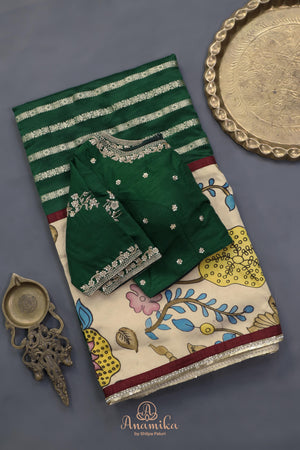 Emerald Green chanderi saree with hand painted kalamkari border