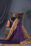 Deep purple bandini saree with a hand painted kalamkari border