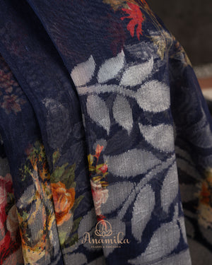 Royal Blue Handloom Lenin saree with digital floral prints