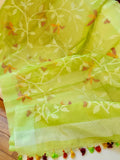 Lime Green Muslin Jamdaani saree with a peach pink crush tissue work blouse