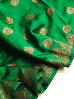 Banarasi Dupion saree in dark green with gold Zari border and motifs