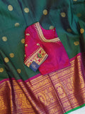 Peacock Green Gadwal Kanchi Saree with a magenta pink border
