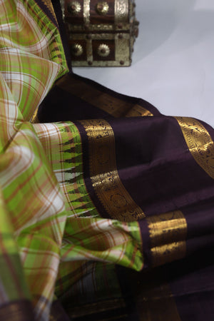 Designer Kanjeevaram with checkered body and contrast brown border