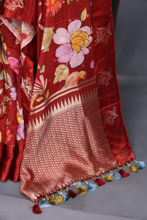 Soft silk floral saree in crimson red