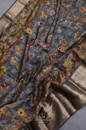 Kalamkari printed organza saree in dark grey