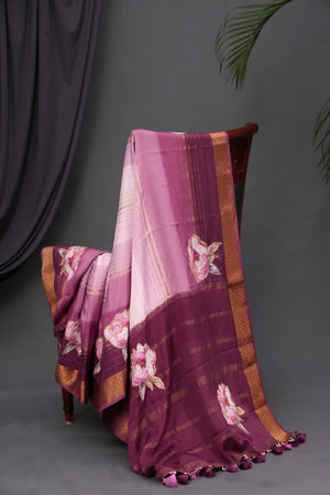 Pure mysore crepe silk saree with floral appliq work