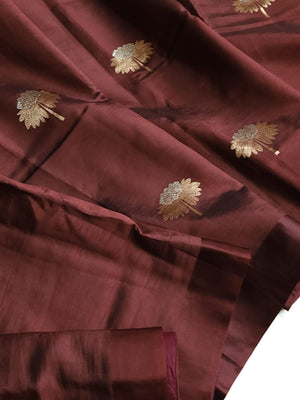 Pure raw mango silk saree in chocolate brown with mauve pink blouse