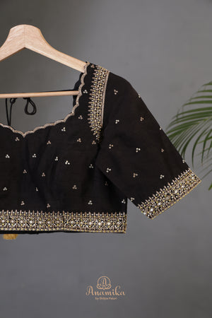 Black Chanderi Silk Saree with hand painted kalamkari border