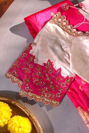 Off white blouse with hot pink embroidered sleeve panel