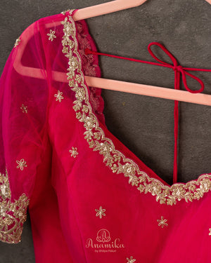 Hot Pink blouse with intricate embroidery and net sleeves