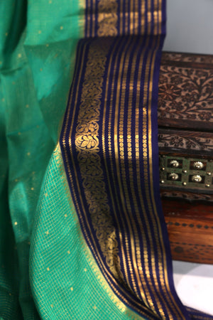 Gorgeous Mysore Silk Saree in green with  a contrast blue border