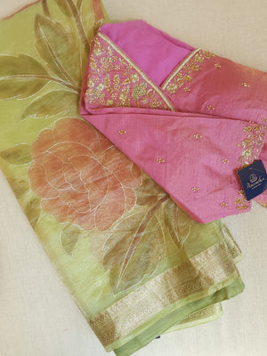 Pure tissue saree with hand painted floral appliq work