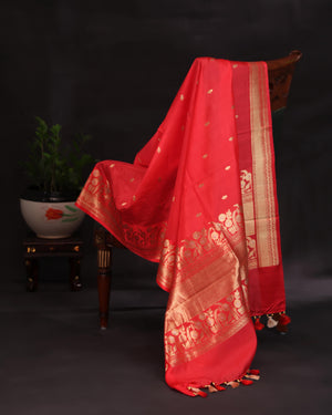 Raw Mango saree in red paired with a pink blouse