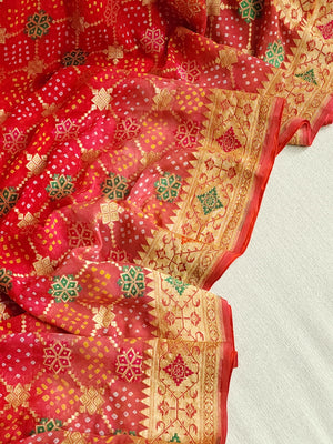 Red & Peach shaded Bandini Georgette saree