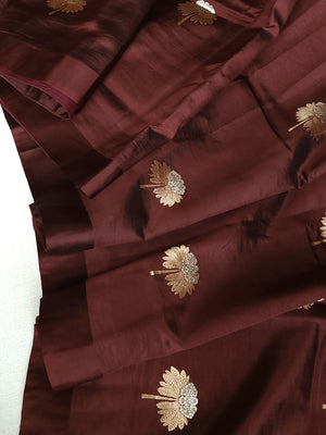 Pure raw mango silk saree in chocolate brown with mauve pink blouse