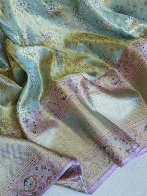 Stunning meenakari kanjeevaram in pastel green and lavender hues