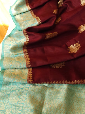 Banarasi Dupion silk saree in a lovely shade of burgundy and sea green