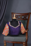 Deep purple bandini saree with a hand painted kalamkari border
