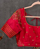 Pure silk blouse in tomato red with patola silk sleeves