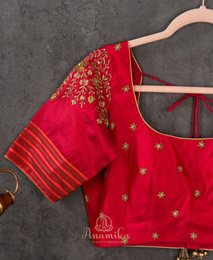 Pure silk blouse in tomato red with patola silk sleeves