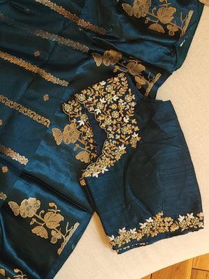 LMashru crepe saree in dark teal blue with mono tone blouse