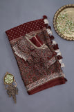 Deep wine modal silk ajrak saree with hand work border