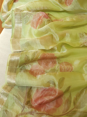 Pure tissue saree with hand painted floral appliq work