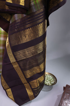 Designer Kanjeevaram with checkered body and contrast brown border