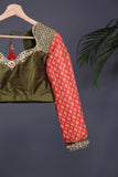 Bandini Gharchola in a lovely olive green shade with kalamkari pallu