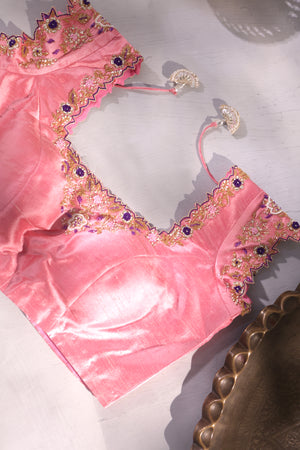 Peach short sleeves blouse with zardosi work