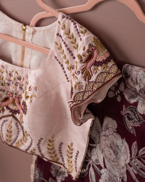 Brown Floral Chinnon saree with a contrast beige handwork blouse