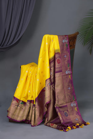 Yellow and Purple Gadwal Saree
