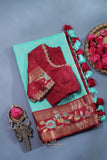 Sky Blue and red kanjeevaram with floral applique border