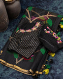 Muslin jamdaani saree in black with all over floral weave