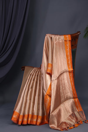 Banarasi brocade tissue saree in champagne with a beautiful light orange border