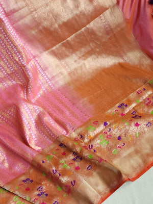 Peach Pink Banarasi saree with beautiful floral meena border