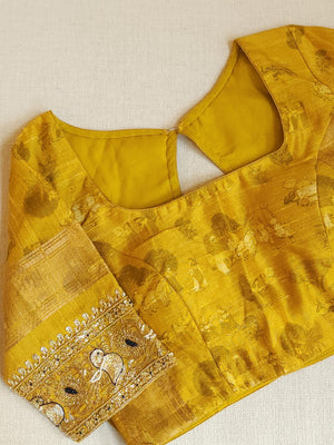 Light weight dupion saree in blue with contrast yellow kalamkari border