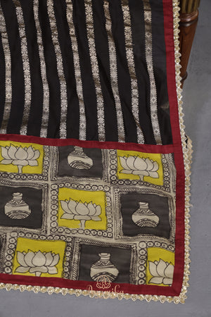 Black Chanderi Silk Saree with hand painted kalamkari border