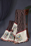 Brown chanderi silk saree with hand painted kalamkari border